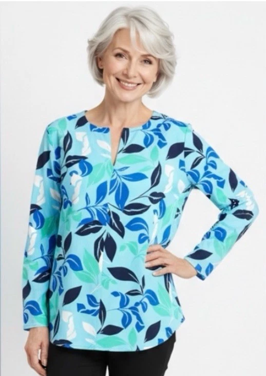 COOLIBAR Blouse Top Chamboard Upf 50 Blue Green V Neck Tunic 1/4 Zip Sz Large