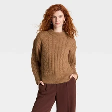 Women's Cabled Sweater - A New Day Heather Brown L