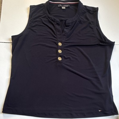 Tommy Hilfiger Women's XL Regular Pullover Top Solid Navy Sleeveless Buttons