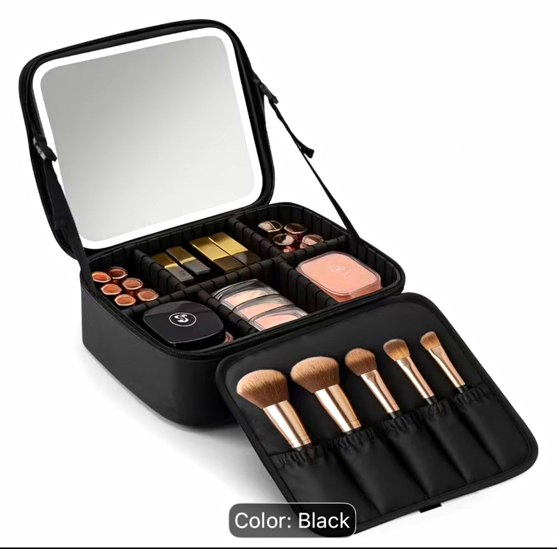 Black Make-Up Case Organiser with Mirror, Brush Holder & Zip