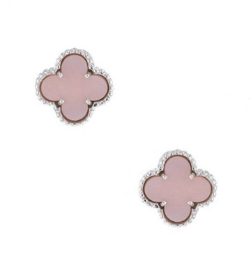 Van Cleef & Arpels Vintage Alhambra 18k White Gold Pink Opal Earrings Papers