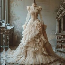Victorian Wedding Dresses Luxury Lace Ruffles Sheer Sleeve Long High Neck Bridal