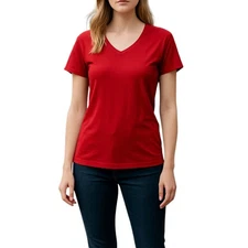 Croft & Barrow Petite Small Red Classic All Cotton T-Shirt Short Sleeves V-Neck