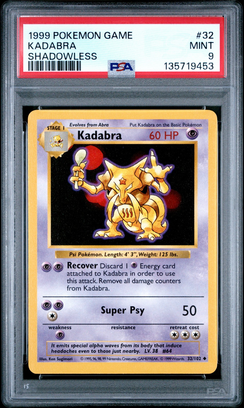 1999 POKEMON BASE SET SHADOWLESS #32 KADABRA PSA 9