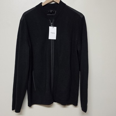 THEORY Thaad O Black Soft Luster Merino Wool LS Full Zip Cardigan Size XL $398