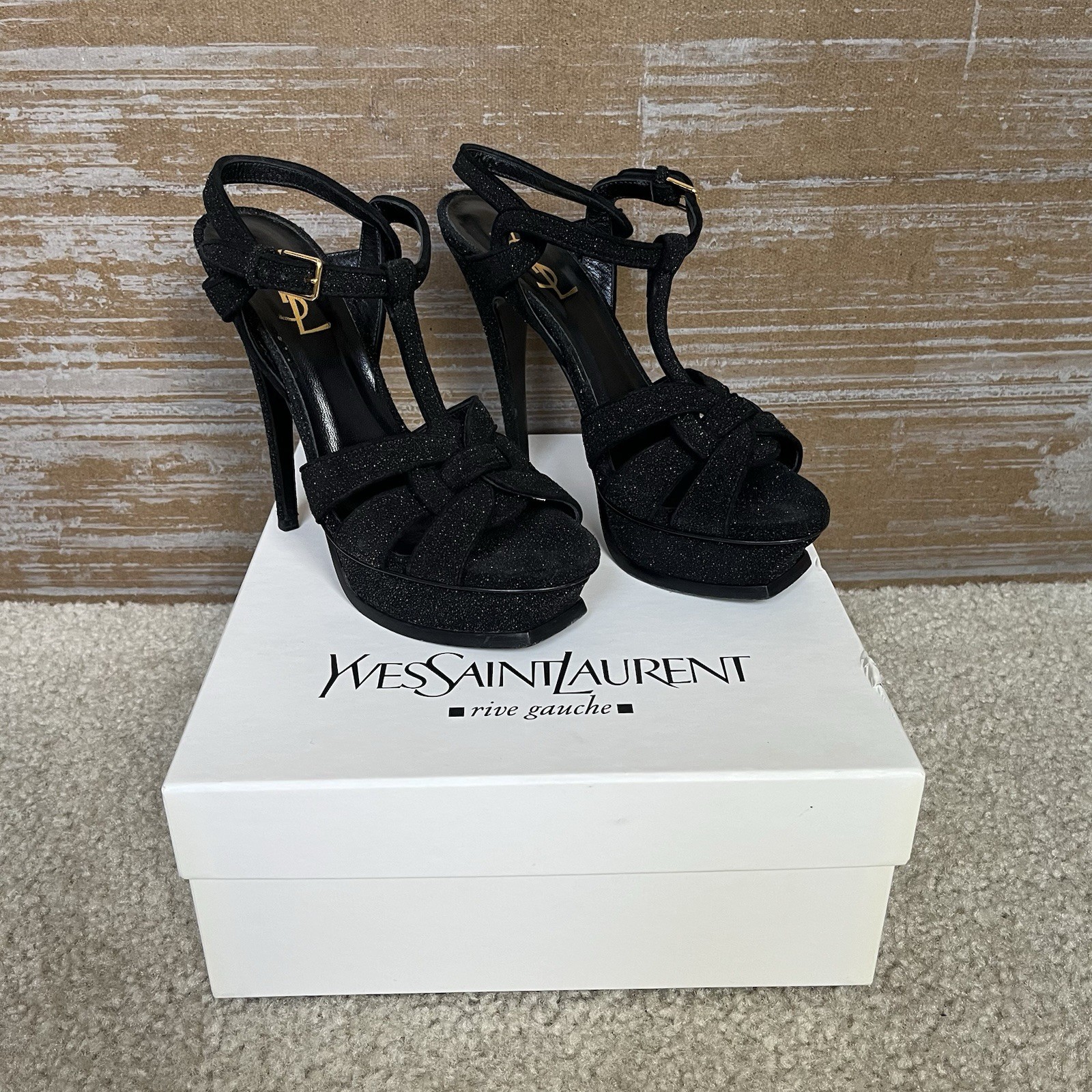 Sandali Yves Saint Laurent YSL Tribute 105 quarzo nero glitter tacco donna 37 5