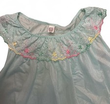 Vintage Nylon Nightgown Aqua Sheer Embroidered Floral Trim Medium USA