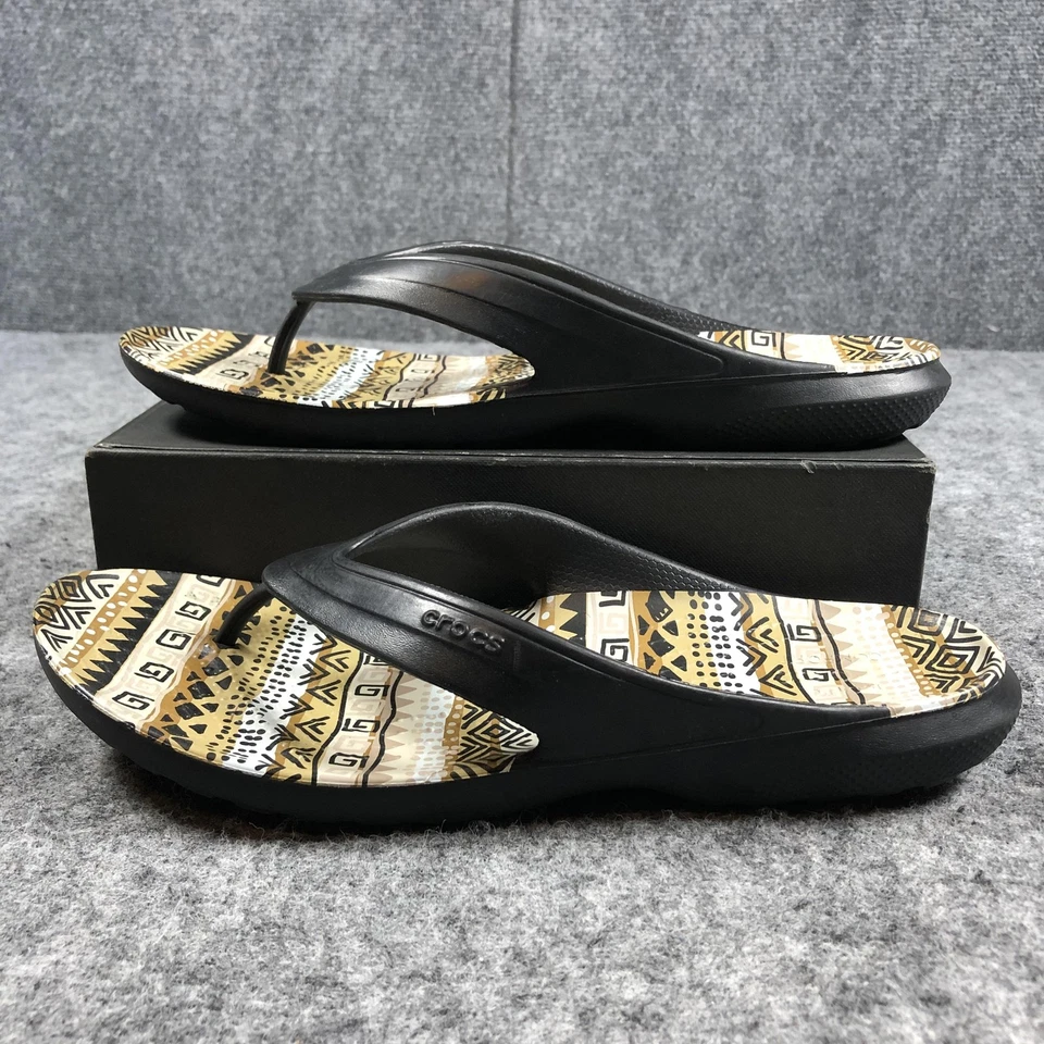 Crocs Sandals Womens Size 10 Black Flip Flops Thong Tribal Graphic - Image 3 of 4