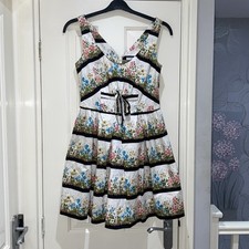 New Look Vintage White Colourful Floral V Neck Pleat Skater Party Dress Size 10 