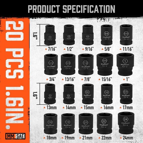 HORUSDY 24-Piece 1/2" Drive Impact Socket Set, Shallow Standard SAE (7/16"-1") a - Picture 3 of 9