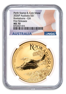 2026 Australia 1 oz Silver Kookaburra Gilt Perth Stamp & Coin Show NGC MS70 FR - Image 1 of 2