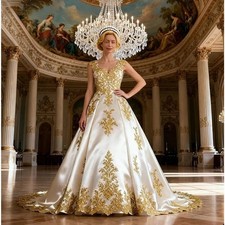 Vintage White And Gold Wedding Dresses Lace Applique V-Neck Satin Bridal Gowns