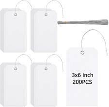 200 Pack White Plastic Shipping Tags with Wires, 6" x 3" Waterproof Heavy Duty H