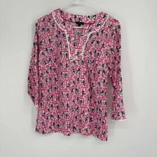 Talbots Pink Puff Monkey Print 100% Cotton V-Neck Blouse Size MP Casual Beach