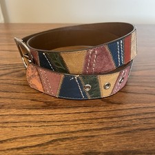 Fossil Leather Belt Multicolor Geometric Patchwork Silver Buckle L Boho Hippie