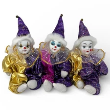 Vintage Porcelain Clown Doll Triplets Sand Bag Body Collectible Purple Gold Pink