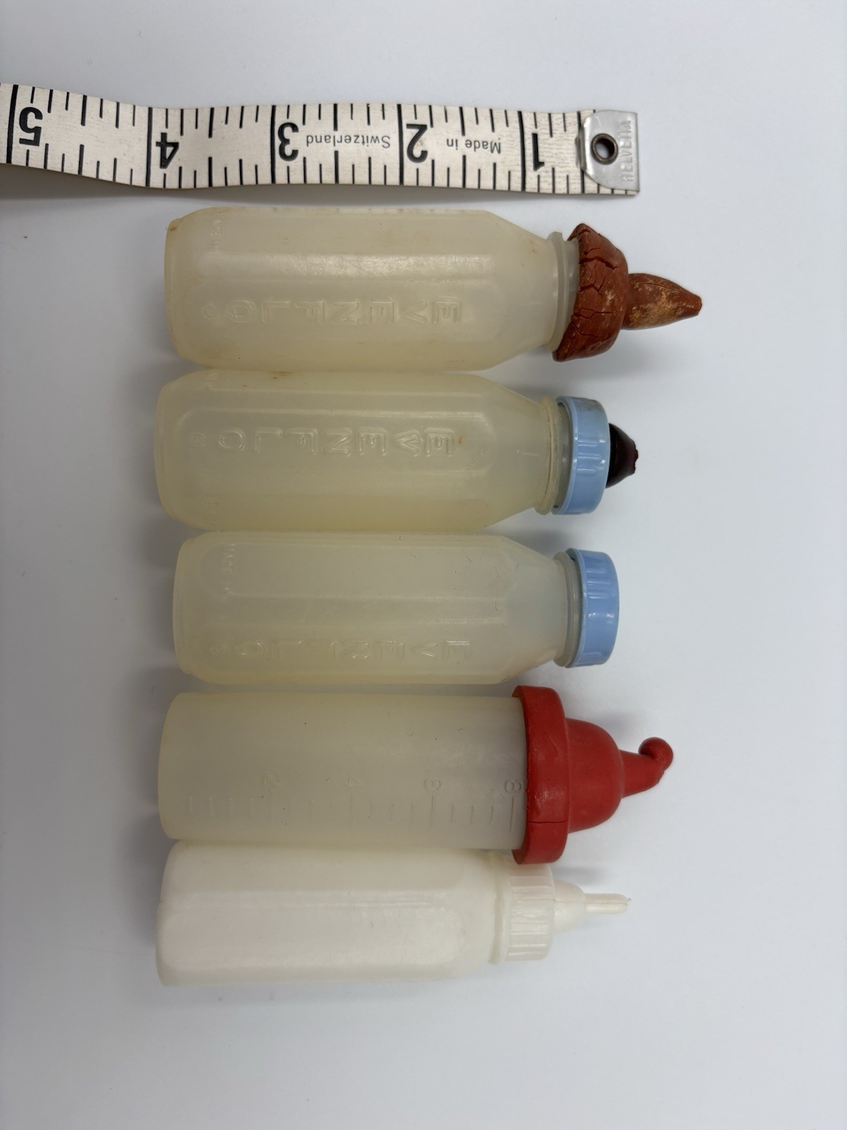 5 Vintage Plastic Baby Doll Bottles 3.5 Inches Rubber Nipples,  3 Evenflo, AS IS