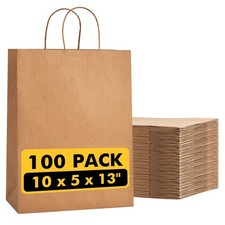 RACETOP 100 Kraft Paper Shopping Bags with Handles, 10x5x13" Brown Bulk