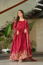 Indian Style Maroon Chinnon Gown With Dupatta For Function And Party Wear