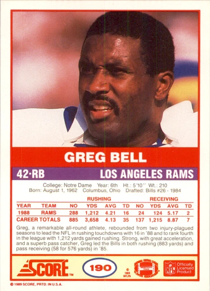 1989 SCORE GREG BELL LOS ANGELES RAMS #190 - Image 2 of 2