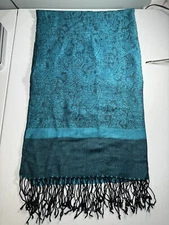 PASHMINA SCARF TURQUOISE/BLACK SILK BLEND SCARF CASHMERE BLEND FRINGE SHAWL