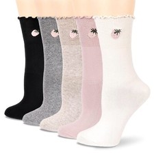Women's Ruffle Cotton Dress Princess Socks Knit Embroidery Strawberry 5-Pack