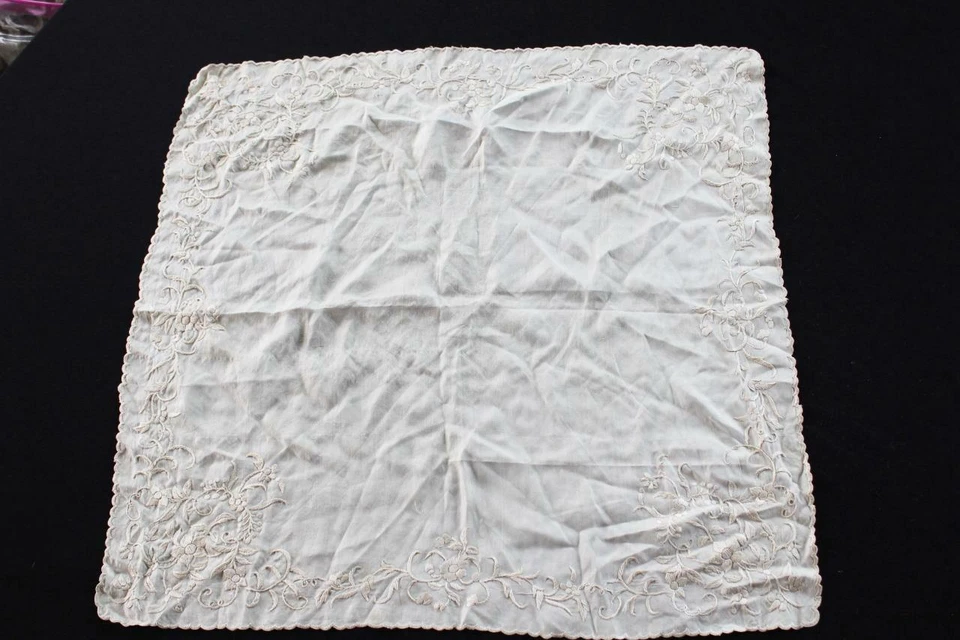Bufanda De Seda Blanca Bordada A Mano Rara Y Vintage De 1920 A 1940 18" X 18" - Imagen 1 de 4