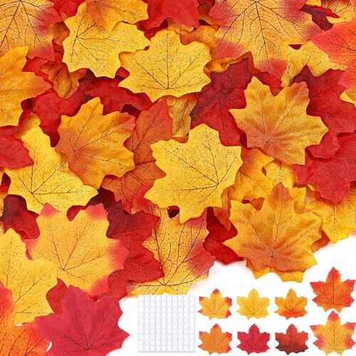 300 Piece Fall Leaves Set 7 Colors Artificial Autumn 300 Leaves + 100 Glue Dots