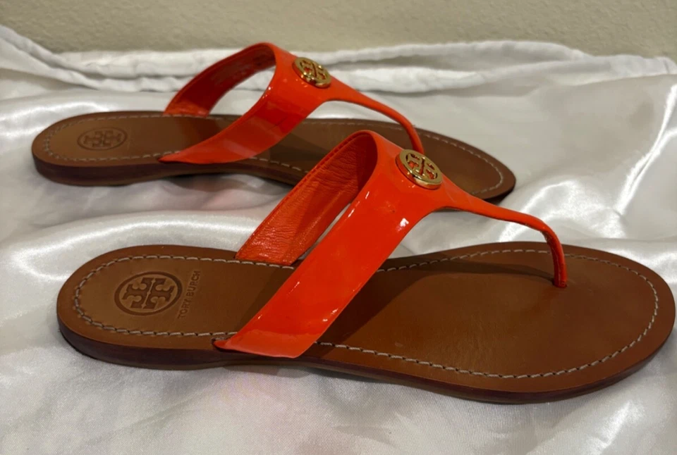 Chanclas/sandalias/diapositivas Tory Burch cuero tostado/logo naranja talla 8 fácil comodidad  Foto 2 de 4