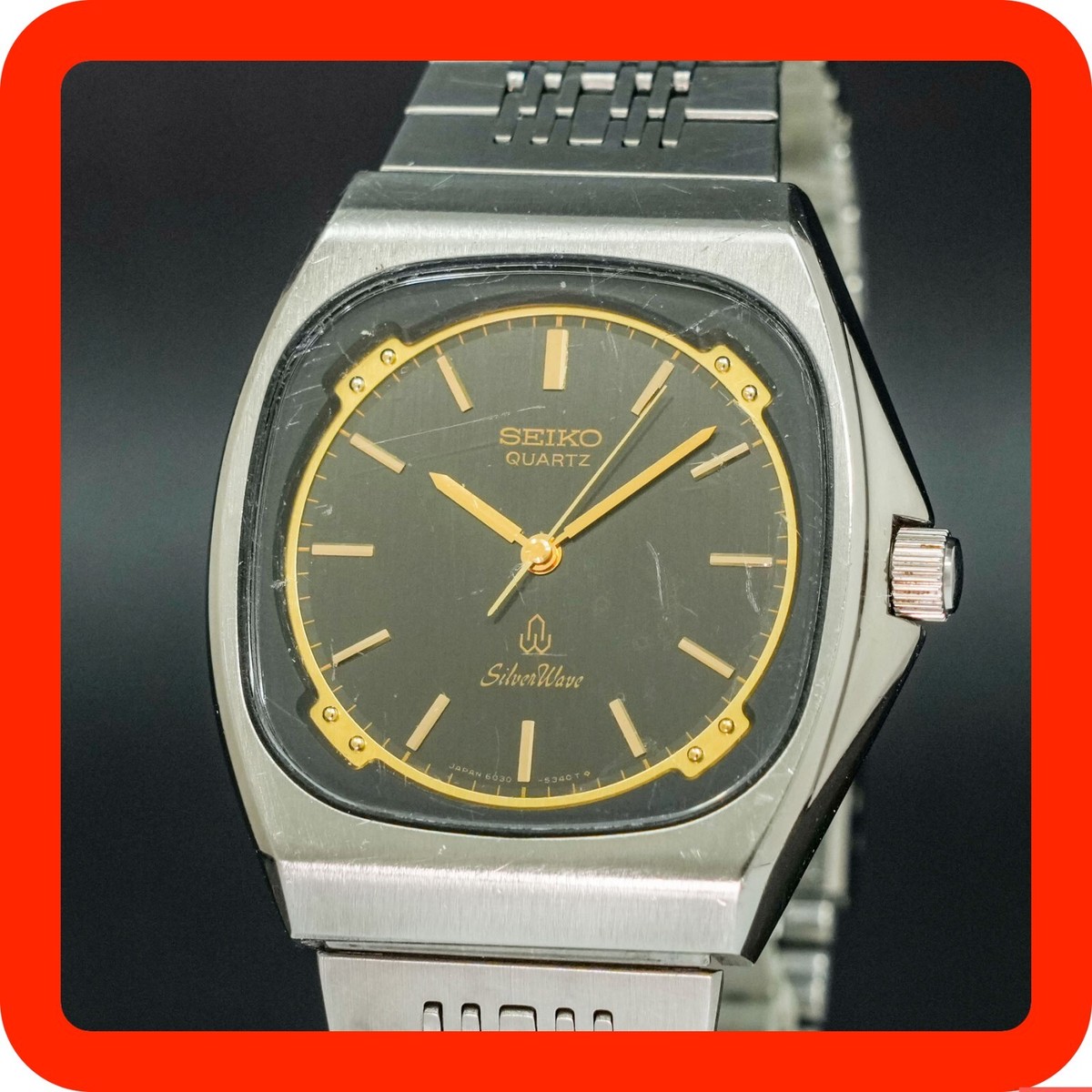 Vintage 1982 SEIKO Silver Wave 6030-5280 Black Dial Square Men