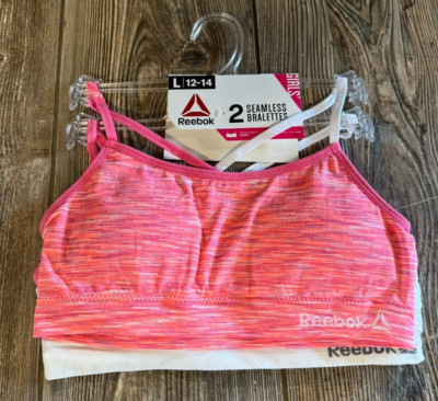 Brand New Girls Reebok Set of 2 Seamless Bralettes/Sports Bras Pink/White L12-14