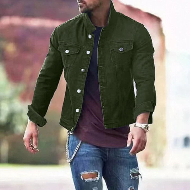 Men Solid Color Denim Jacket Spring Autumn Tops Coat Casual Slim Workwear ♡ - Image 4 of 4
