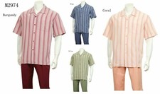 New Men's Striped Walking Suit Short Sleeve Casual Shirt  Long Pants Set 2974