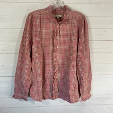 LOFT Womens Long Sleeve Button Front Blouse Sz L Pink Plaid Ruffled Trim New