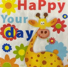 TWO Individual Decoupage Paper Luncheon Napkins 3-Ply Kids GIRAFFE Happy Day Art
