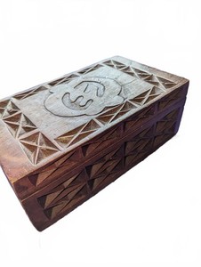 Hand-Carved Wooden Decorative Box with Tribal Design