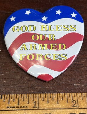 God Bless Our Armed Forces Heart Shaped Pinback Button 2 1/4 in x 2 1/4