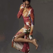 Farm Rio Long-Sleeve Mock-Neck Mesh Slim Midi Dress X-Large XL Tropical $188