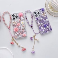 Diamond Case For iPhone Samsung +Flower Bracelet Glitter Flash Girls Phone Cover