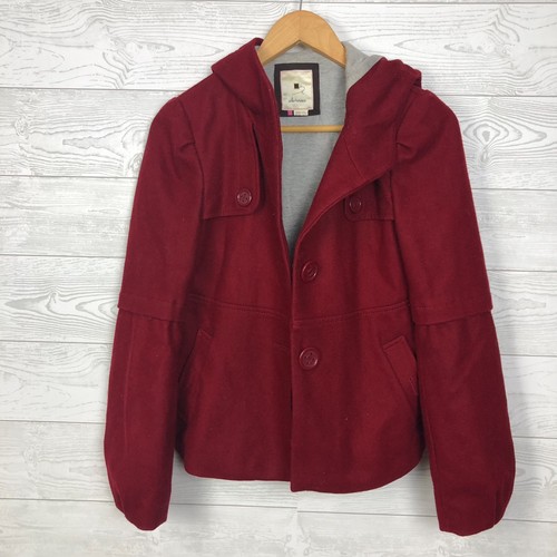 ELEVENSES Anthropologie Women's Size 2 Wool Blend Pea Coat Hooded Solid Red