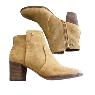 Tory Burch Ankle Booties Womens 7.5 Tan Side Zip Block Heel Logo - Image 1 of 4