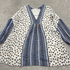 Free People Dress Size Medium Swing Long Sleeve Blue White V Neck No Lace String