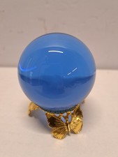 Vintage Blue Crystal Ball on Brass Tone Stand with  Butterflies Beautiful! 2"