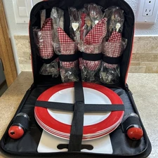 Insulated Picnic Tote Bag w/Flatware Set for Four, Plates, Napkins, Wine Glasses