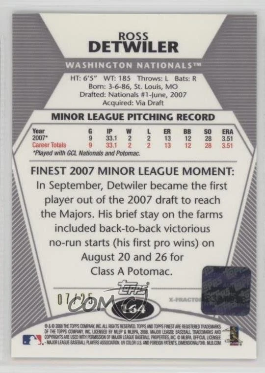 2008 Topps Finest Gold X-Fractor /25 Ross Detwiler #164 Rookie Auto RC - Image 2 of 2