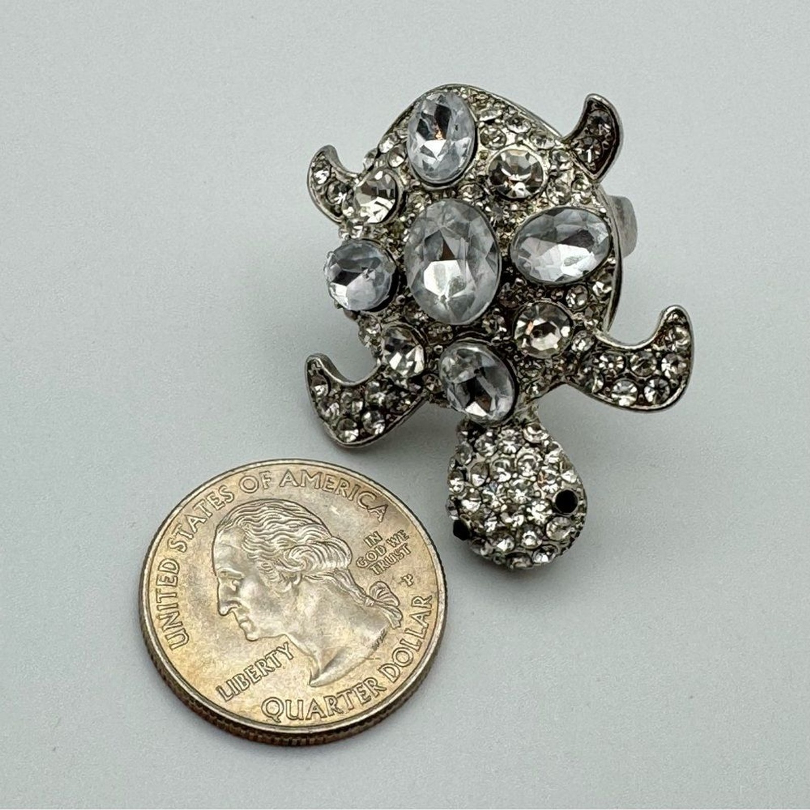 ALDO Crystal Turtle Statement Ring Silver Tone Si… - image 9