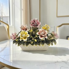 Vtg Large Italian Porcelain Rose Bouquet Basket Centerpiece Capodimonte 22.5  