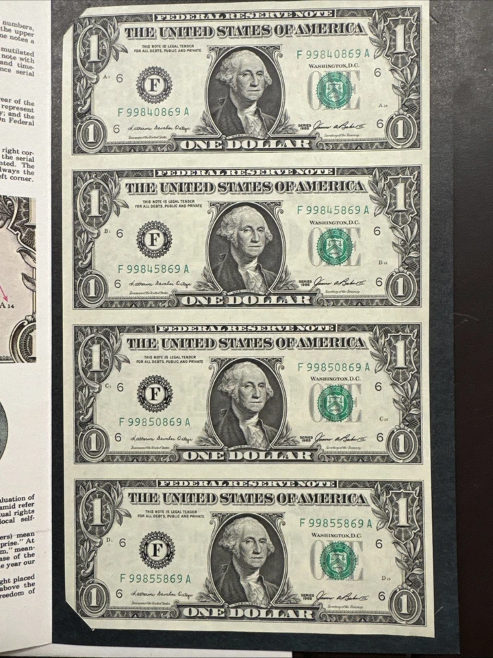 Bureau of Engraving and Printing 4 Four One Dollar Bills Uncut 1985 $1 - Image 3 of 4