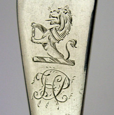 ENGLISH SOLID STERLING SILVER PEEL FAMILY CREST BASTING SPOON 1792 ANTIQUE 100g