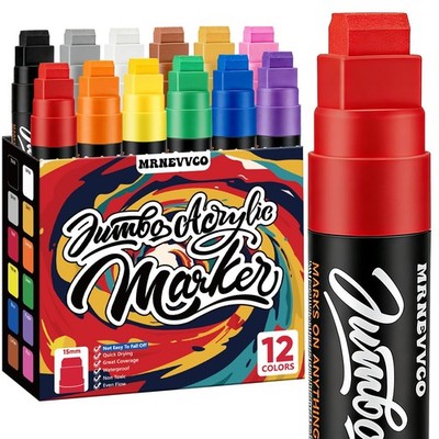 12 Colors Jumbo Poster Markers, Jumbo Acrylic Paint Markers, 15MM Thick Perma...
